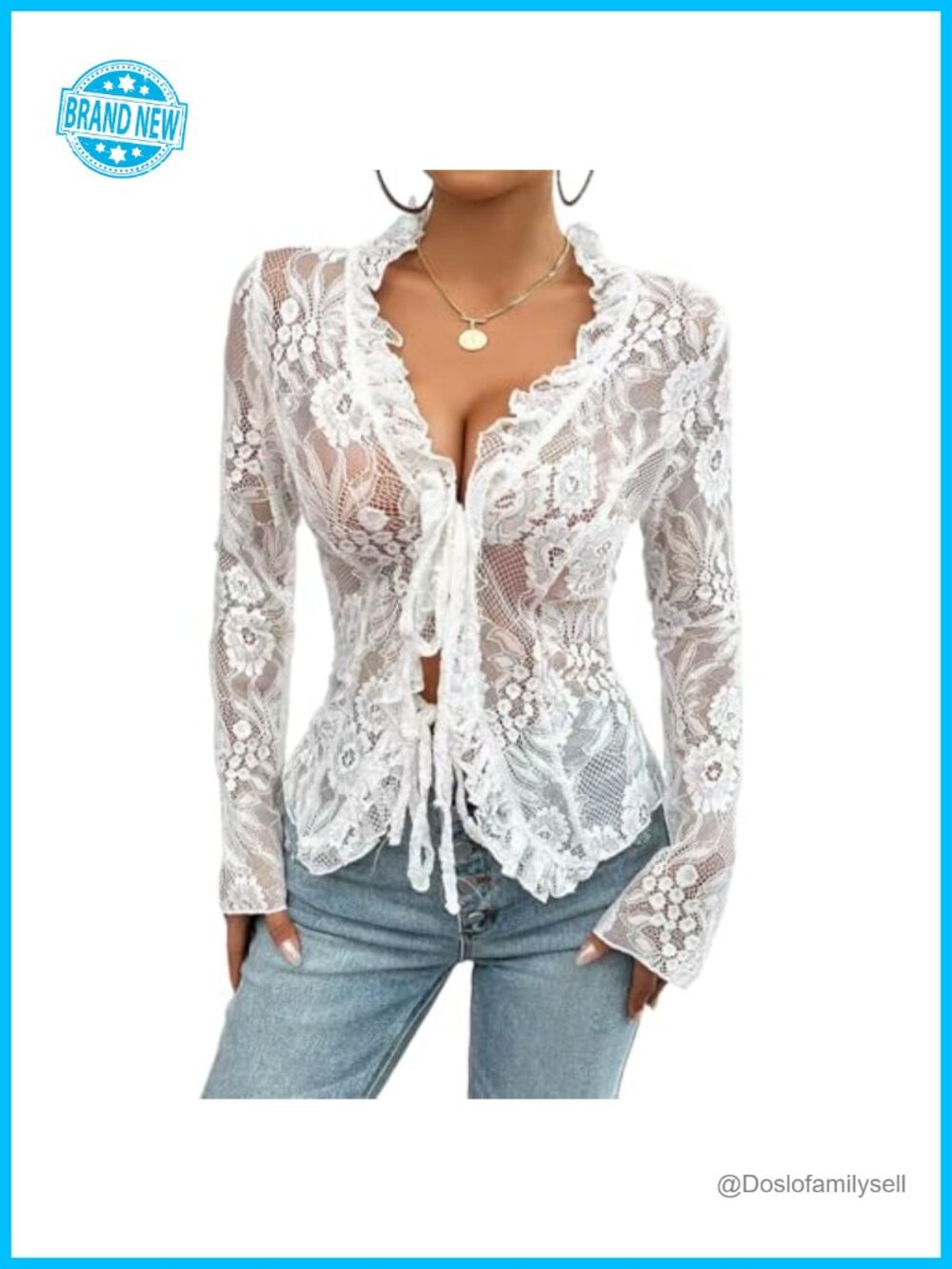 Women's Lace Sheer Mesh Blouse V-Neck Long Sleeve Slim Fit Y2K Top